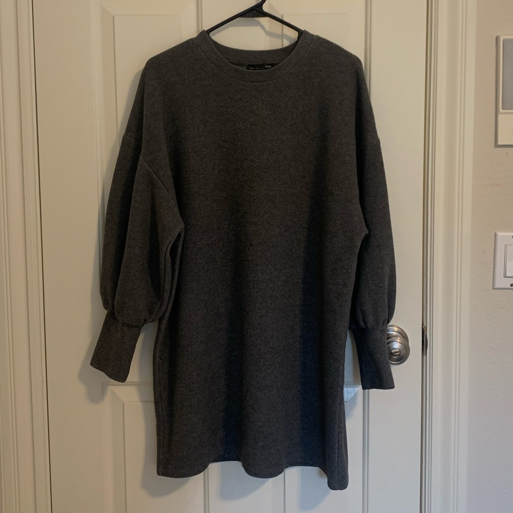 Zara Puff Long Sleeve Cotton Gray Midi Dress